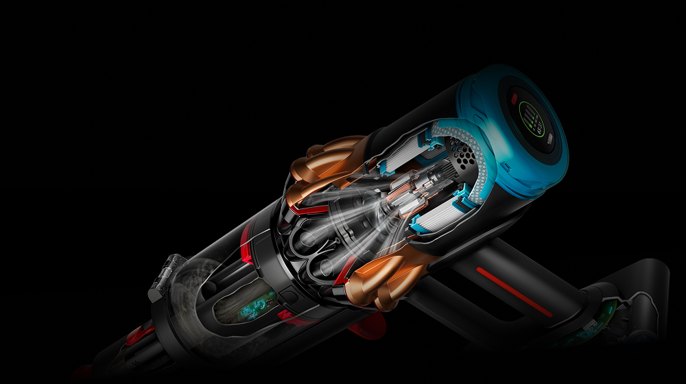 Sección transversal que muestra el potente motor Hyperdymium de 900 vatios dentro de la aspiradora Dyson V16 Piston Animal.